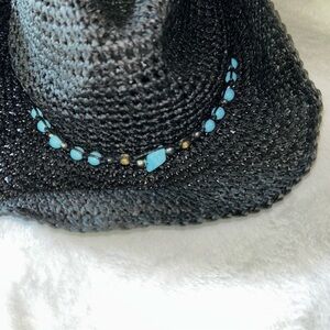 Elegant Black Hat with Turquoise Bead Details